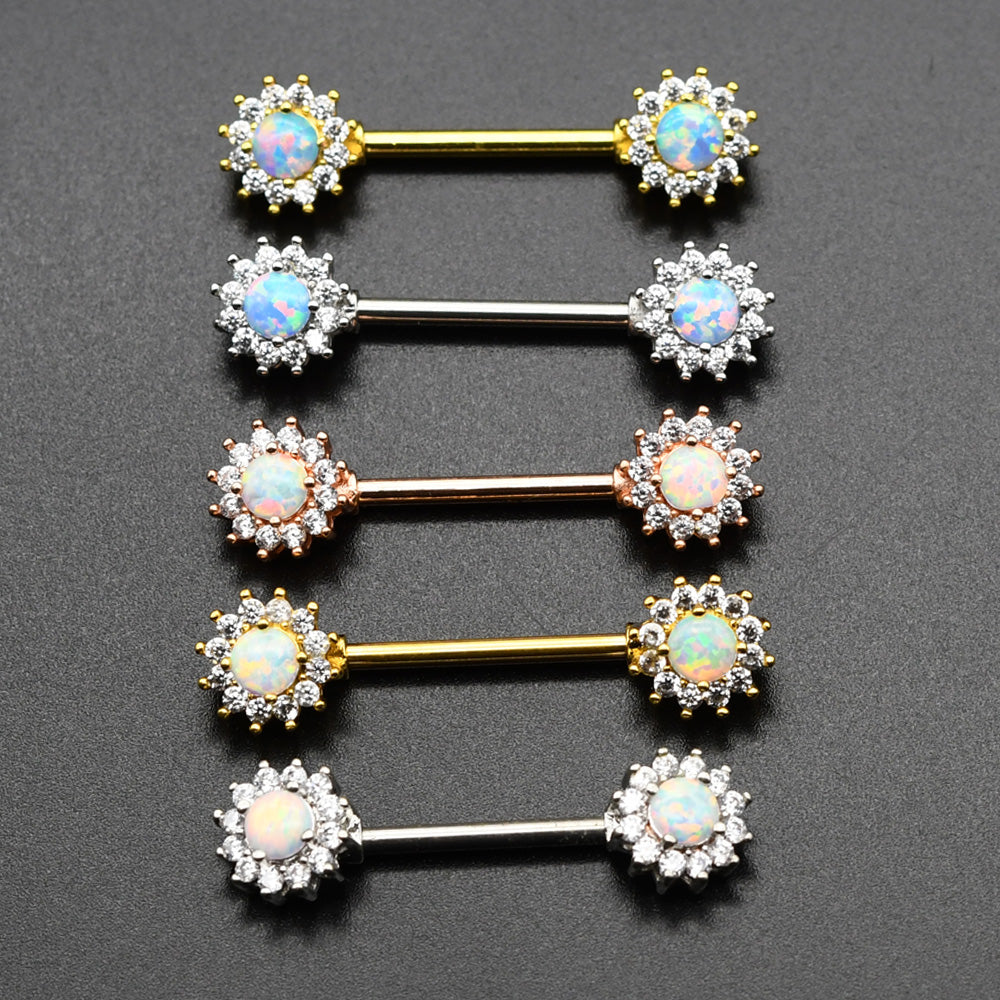 1 Pair Blue White Opal Nipple Piercing Barbell Surgical Stainless Steel Nipple Rings