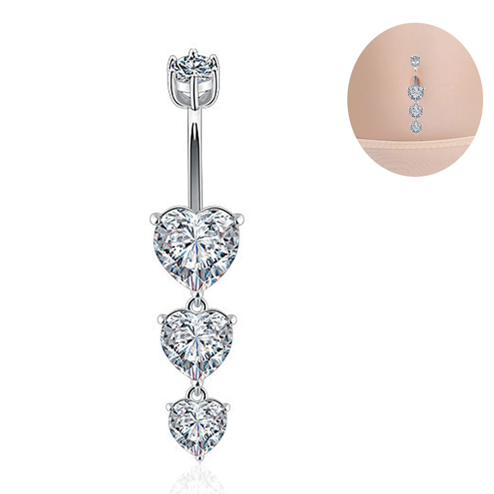 1 Piece 1.6x8mm Stamp 925 Sterling Silver Belly Button Rings Triple-Heart Dangle Navel Piercing with Zircon