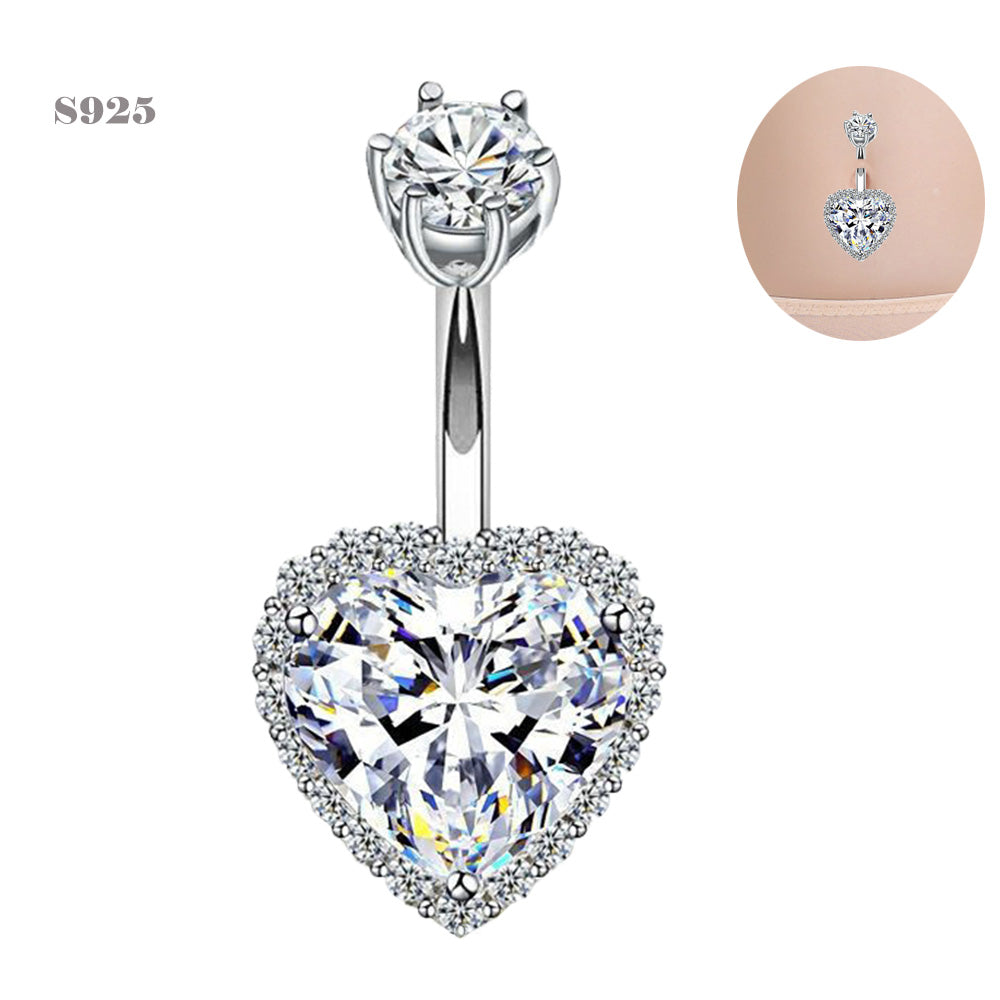 1 Piece 925 Sterling Silver Crystal Heart Navel Piercing Belly Button Rings