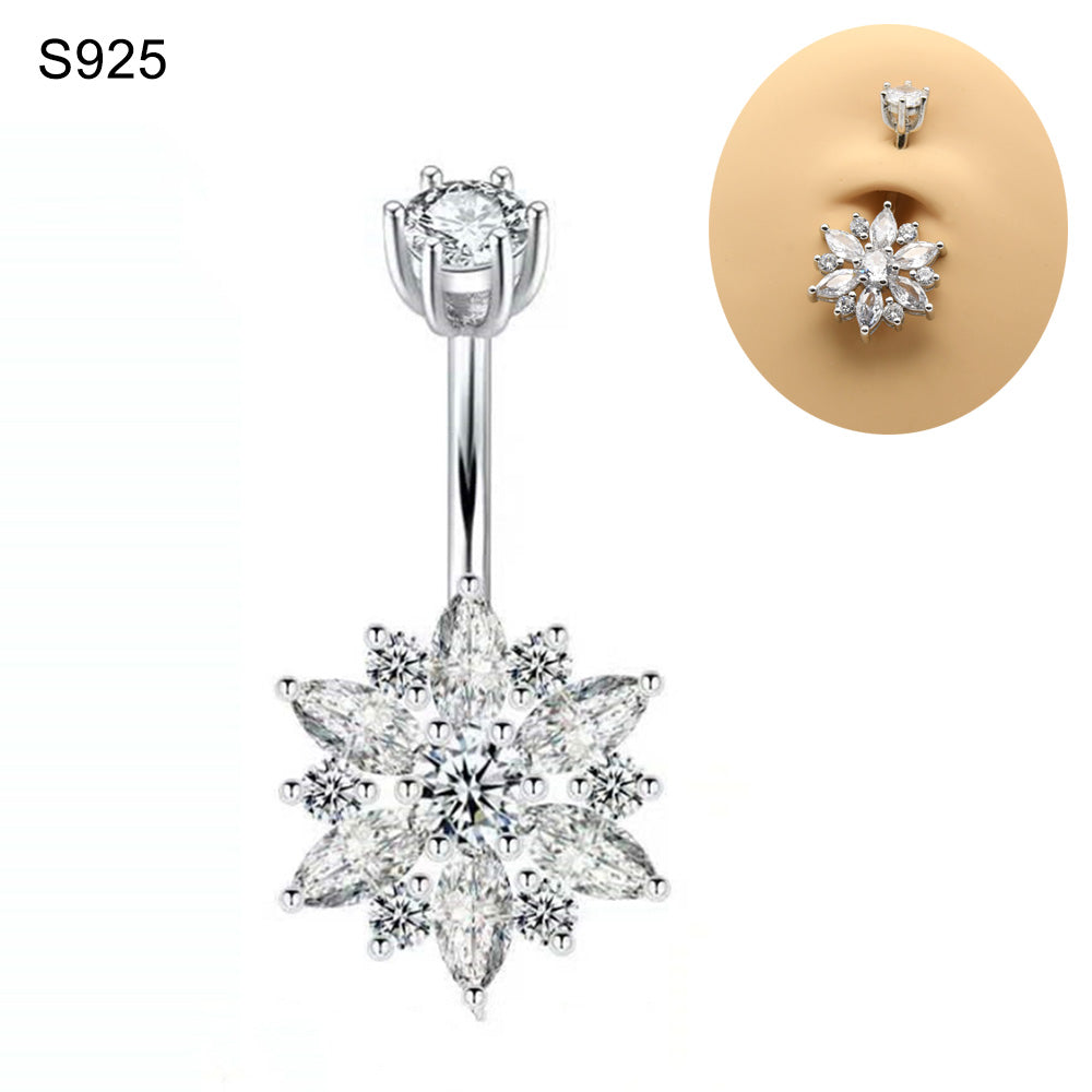 1 Piece 1.6x8mm Snowflake 925 Sterling Silver Belly Button Piercing Navel Rings with Zircon