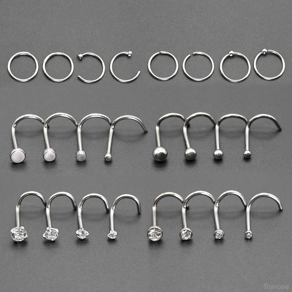 24 Pcs-Pack Cute 1.5/2/2.5/3mm Nose Studs 316L Stainless Steel Labret Stud Nose Rings Hoop for Helix Rook Daith Piercing
