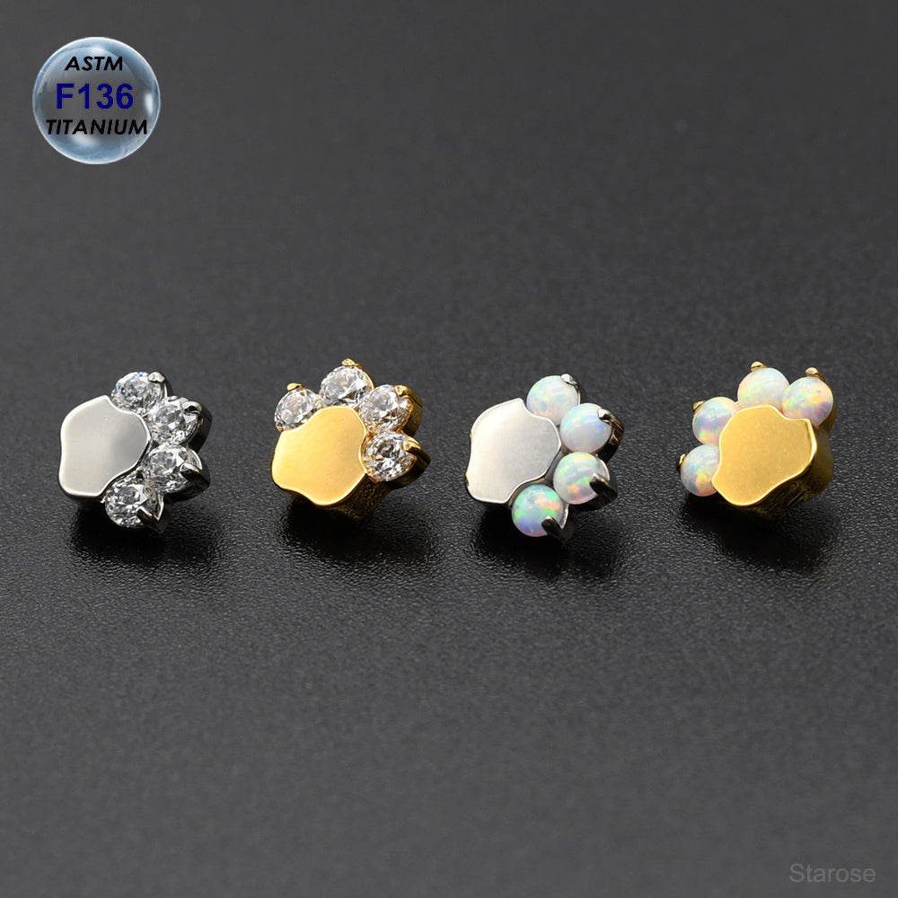 1 Piece ASTM F136 Titanium Piercing Opal & Zircon Footprint Labret Stud Paw Earrings