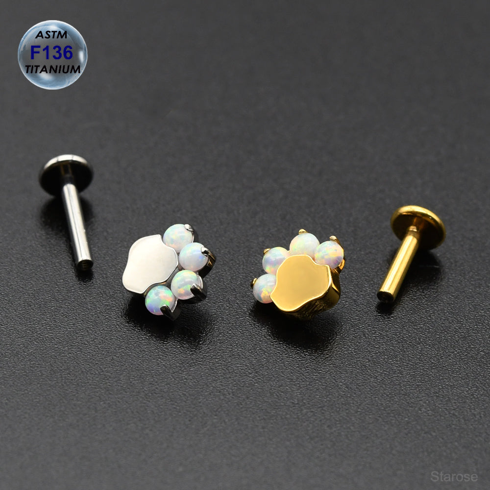 1 Piece ASTM F136 Titanium Piercing Opal & Zircon Footprint Labret Stud Paw Earrings