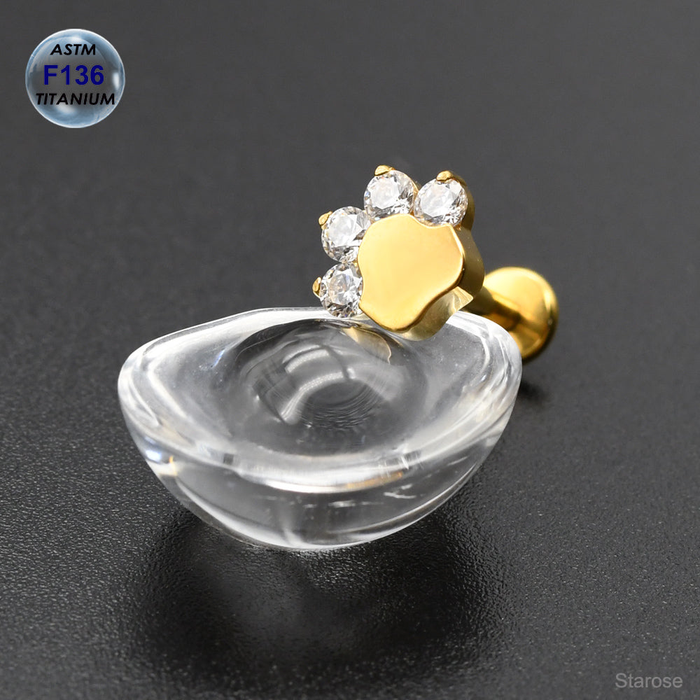 1 Piece ASTM F136 Titanium Piercing Opal & Zircon Footprint Labret Stud Paw Earrings