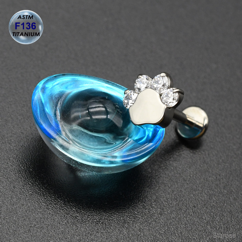 1 Piece ASTM F136 Titanium Piercing Opal & Zircon Footprint Labret Stud Paw Earrings