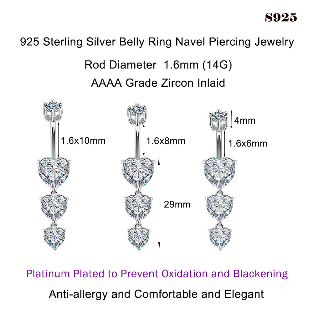 1 Piece 1.6x8mm Stamp 925 Sterling Silver Belly Button Rings Triple-Heart Dangle Navel Piercing with Zircon