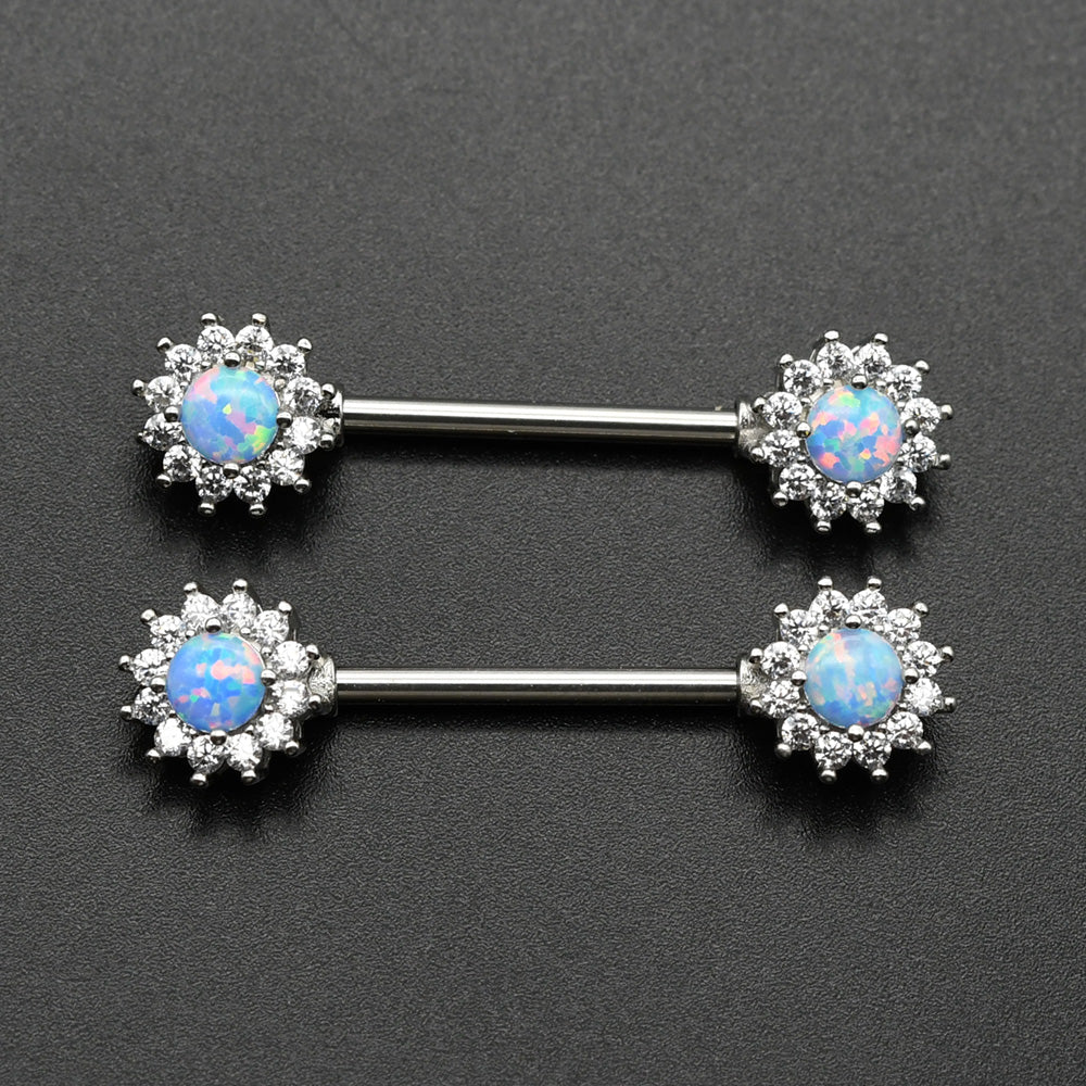 1 Pair Blue White Opal Nipple Piercing Barbell Surgical Stainless Steel Nipple Rings