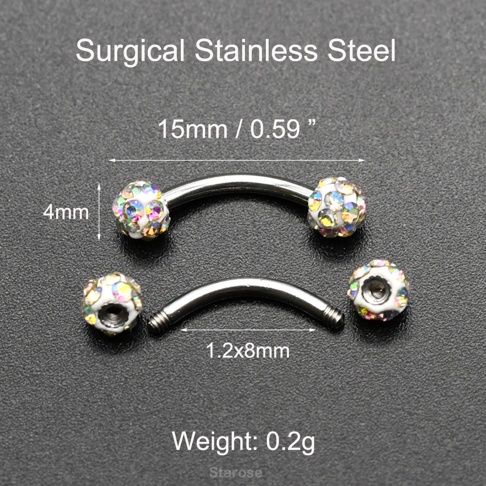 2 Piece-Pack Curved Barbell Piercing Crystal Ball Eyebrow Piercing Vertical Labret Ring