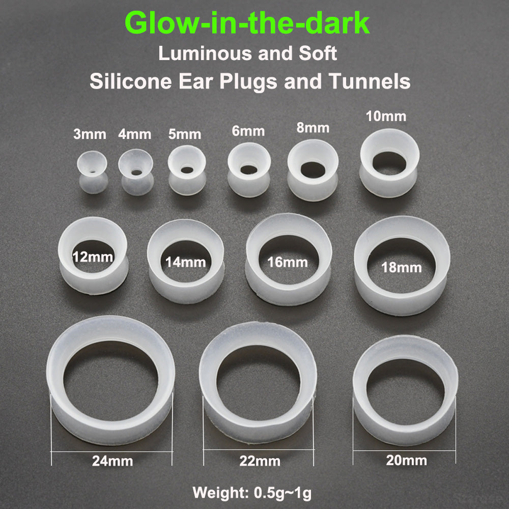 10 Pieces-Pack 3-24mm Glow-in-the-Dark Silicone Tunnels Flexible Ear Plugs 00G 0G Large Gauge Soft Ear Skin Tunnels Earlets Luminus Ear Stretchers Noctilucent Ear Dilations