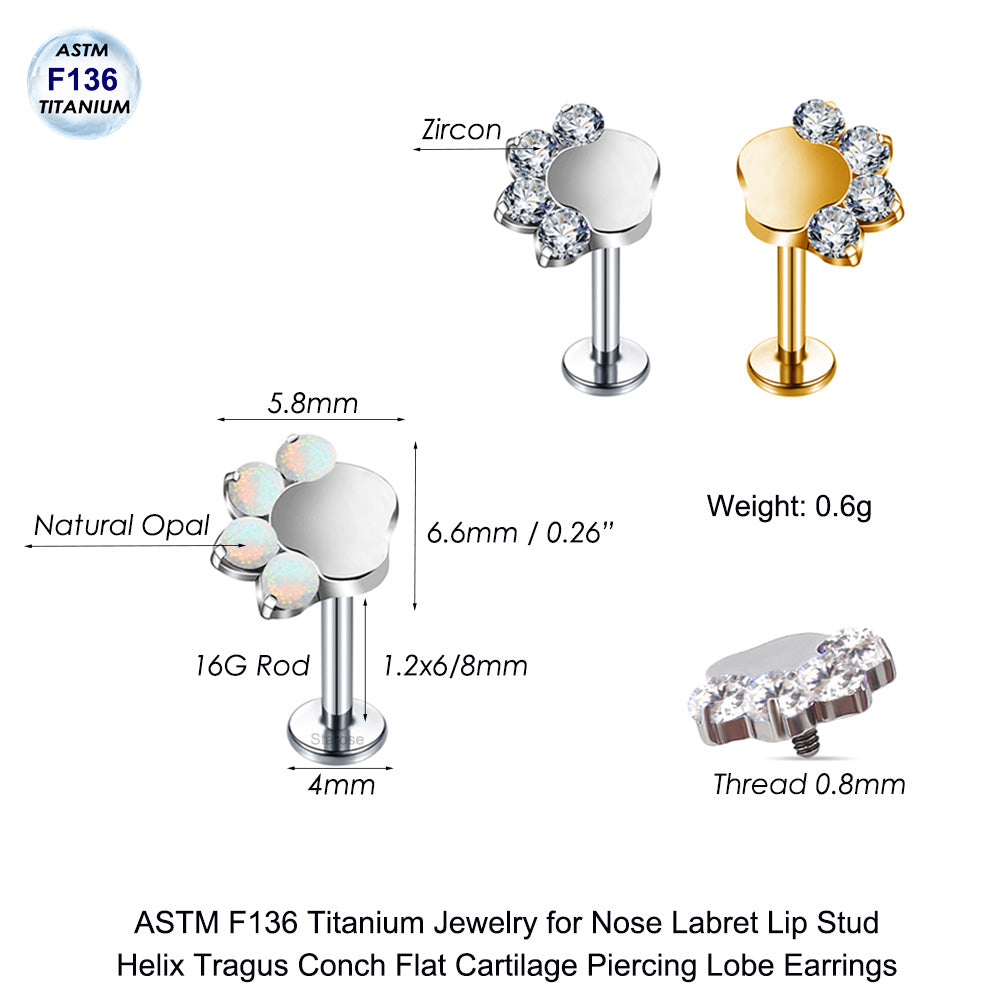 1 Piece ASTM F136 Titanium Piercing Opal & Zircon Footprint Labret Stud Paw Earrings