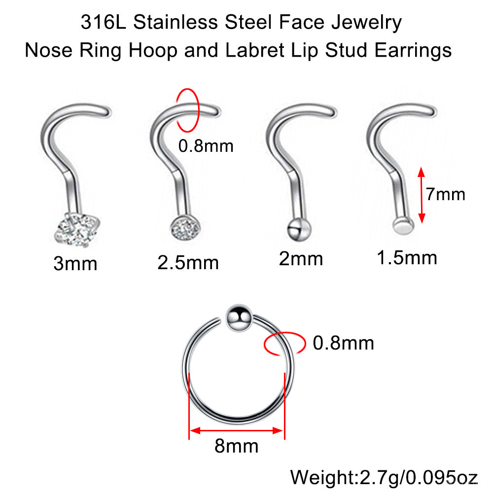 24 Pcs-Pack Cute 1.5/2/2.5/3mm Nose Studs 316L Stainless Steel Labret Stud Nose Rings Hoop for Helix Rook Daith Piercing