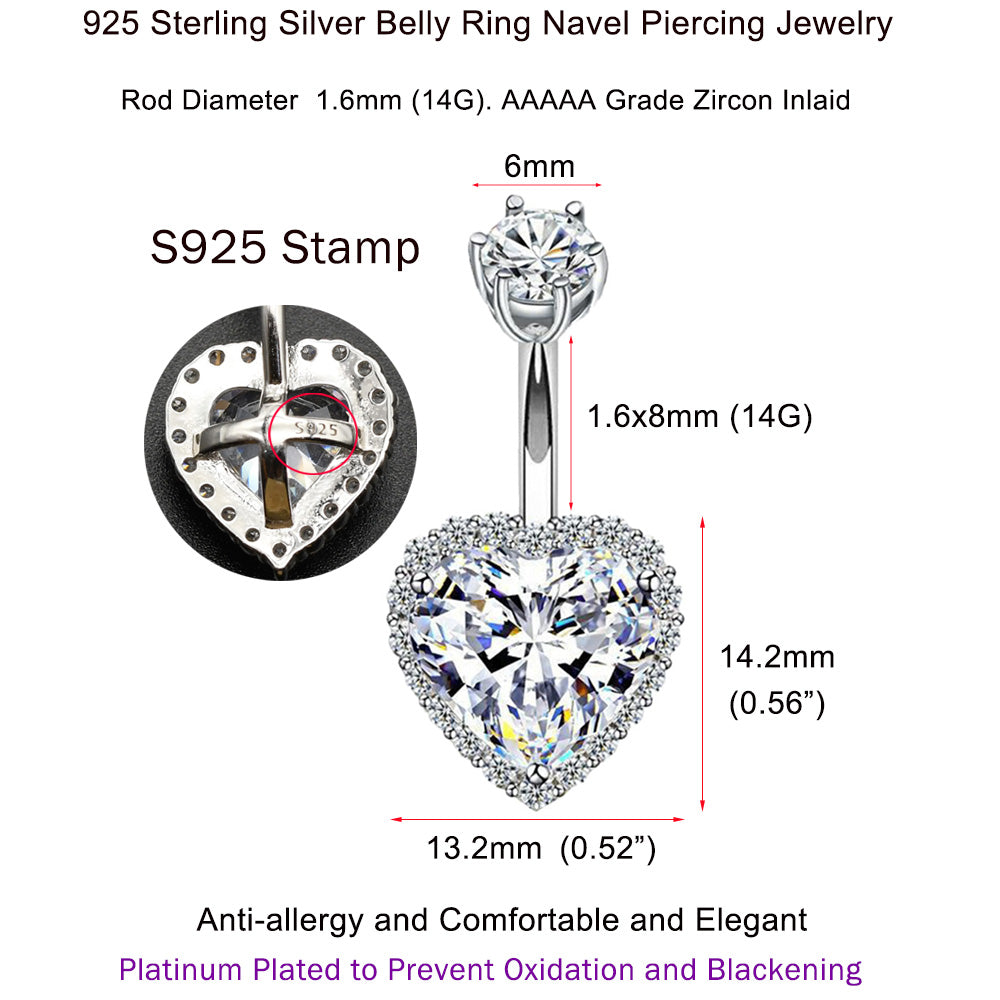 1 Piece 925 Sterling Silver Crystal Heart Navel Piercing Belly Button Rings