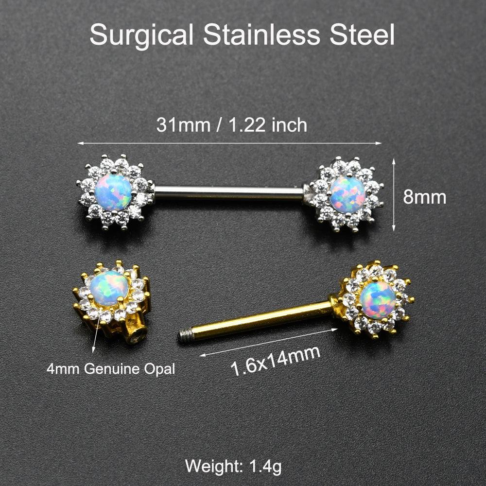 1 Pair Blue White Opal Nipple Piercing Barbell Surgical Stainless Steel Nipple Rings