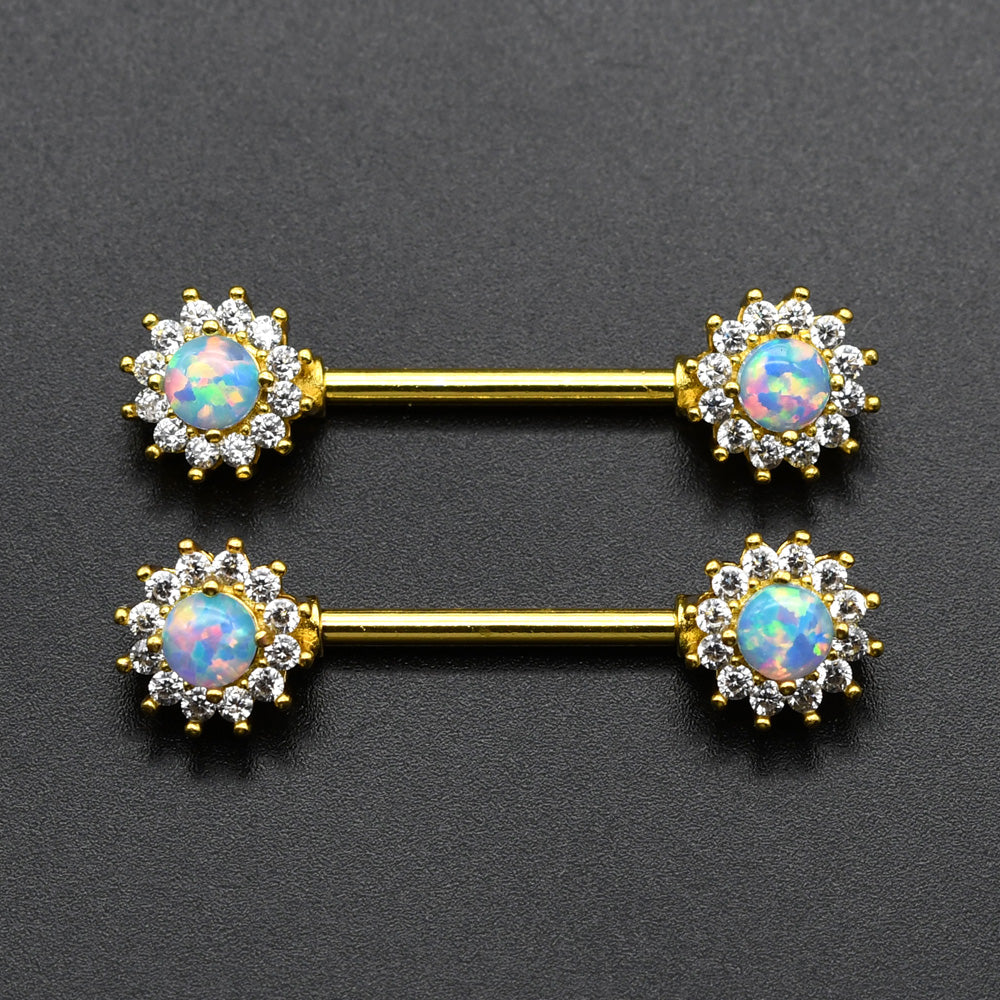 1 Pair Blue White Opal Nipple Piercing Barbell Surgical Stainless Steel Nipple Rings