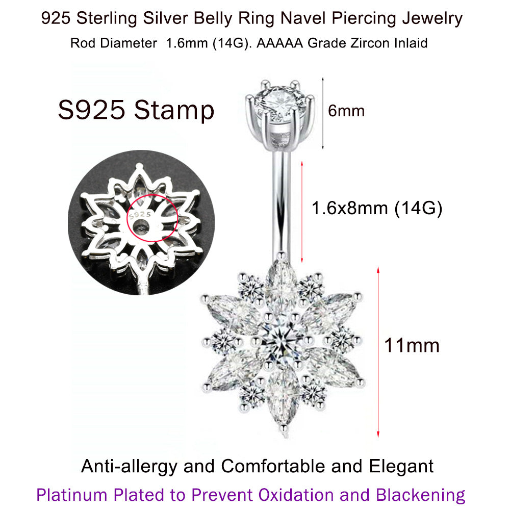 1 Piece 1.6x8mm Snowflake 925 Sterling Silver Belly Button Piercing Navel Rings with Zircon