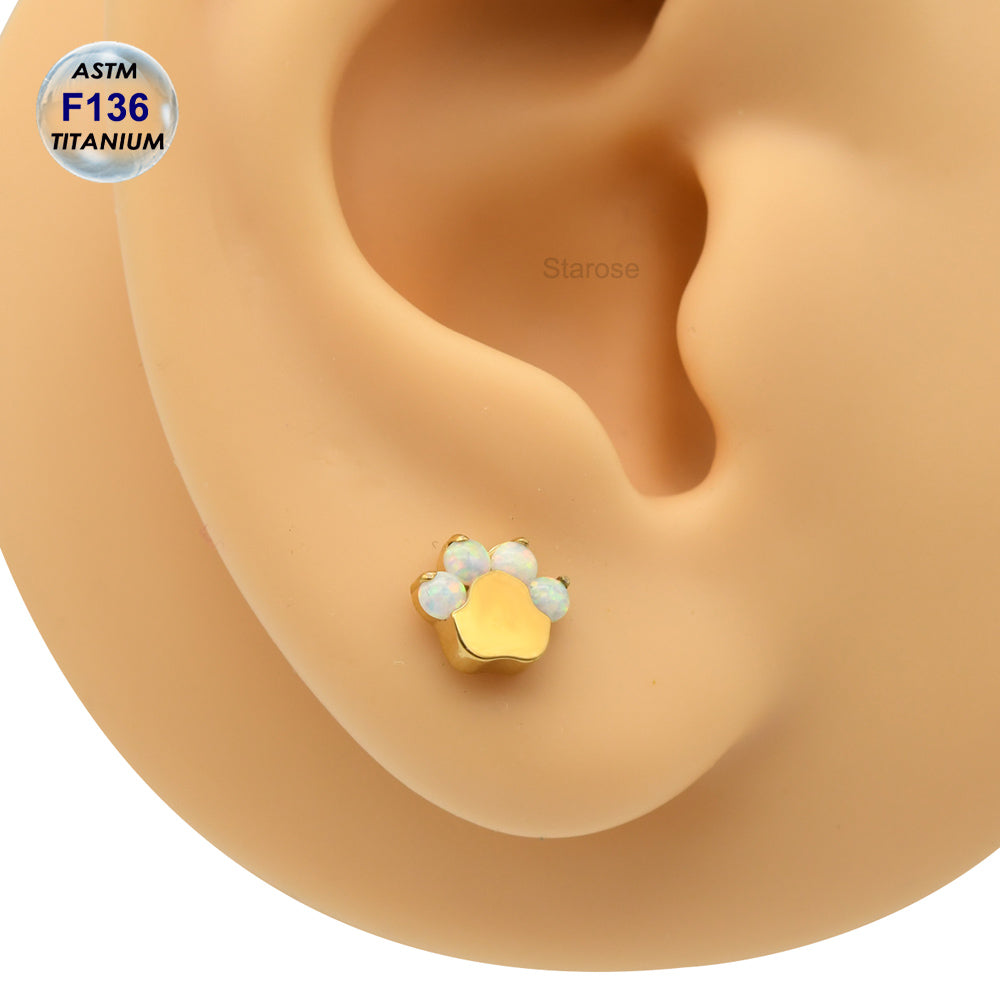 1 Piece ASTM F136 Titanium Piercing Opal & Zircon Footprint Labret Stud Paw Earrings