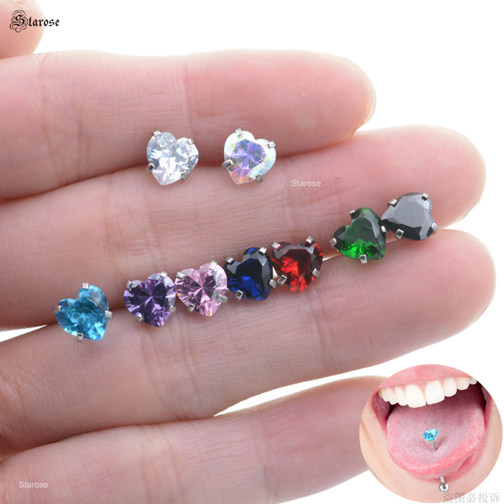 1 Piece 7mm Multicolor Zircon Heart Tongue Piercing Barbell Tongue Rings