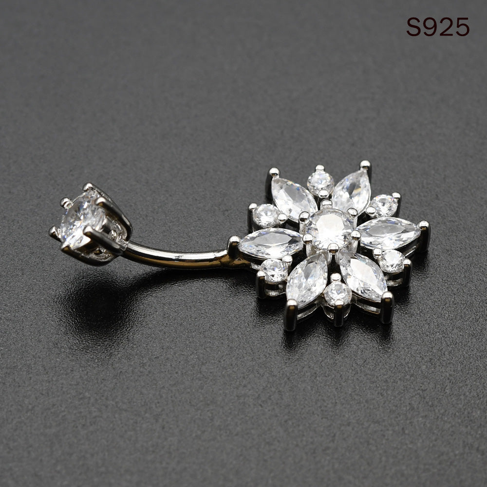1 Piece 1.6x8mm Snowflake 925 Sterling Silver Belly Button Piercing Navel Rings with Zircon