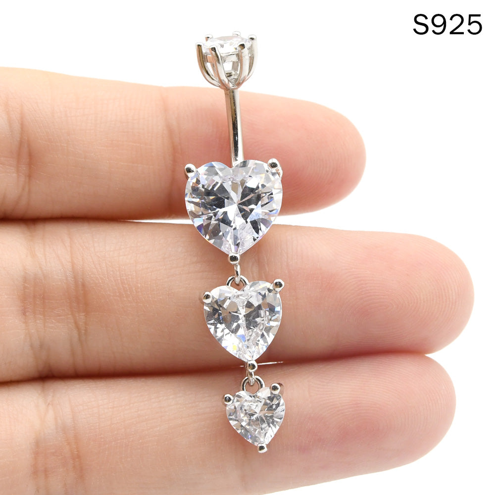1 Piece 1.6x8mm Stamp 925 Sterling Silver Belly Button Rings Triple-Heart Dangle Navel Piercing with Zircon