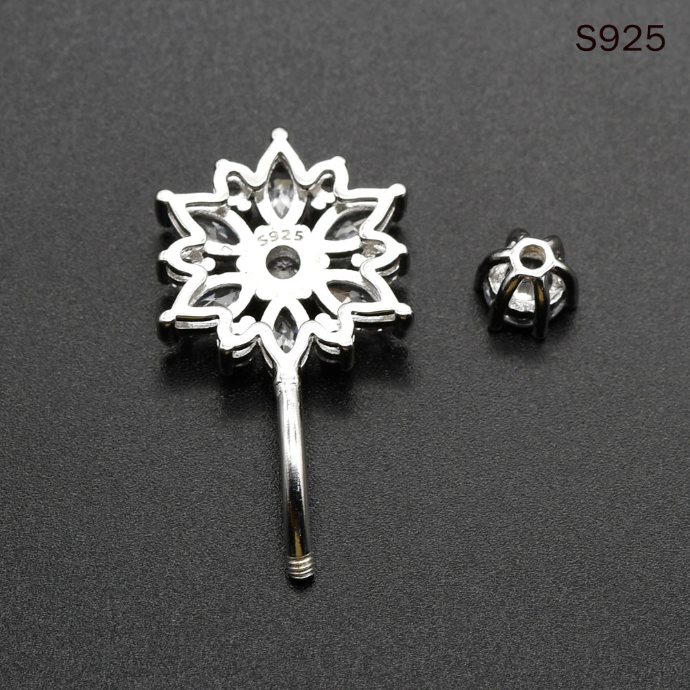 1 Piece 1.6x8mm Snowflake 925 Sterling Silver Belly Button Piercing Navel Rings with Zircon