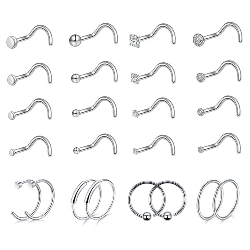 24 Pcs-Pack Cute 1.5/2/2.5/3mm Nose Studs 316L Stainless Steel Labret Stud Nose Rings Hoop for Helix Rook Daith Piercing