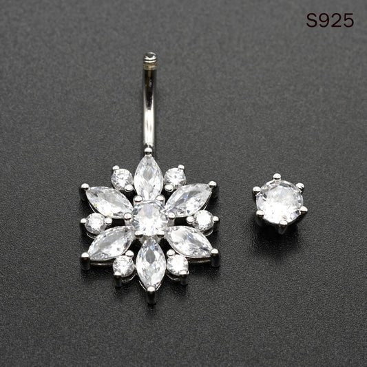 1 Piece 1.6x8mm Snowflake 925 Sterling Silver Belly Button Piercing Navel Rings with Zircon