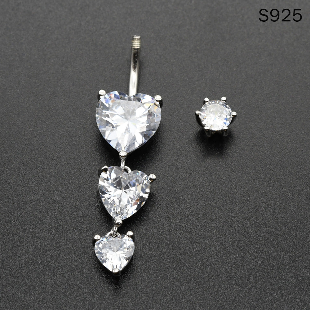 1 Piece 1.6x8mm Stamp 925 Sterling Silver Belly Button Rings Triple-Heart Dangle Navel Piercing with Zircon