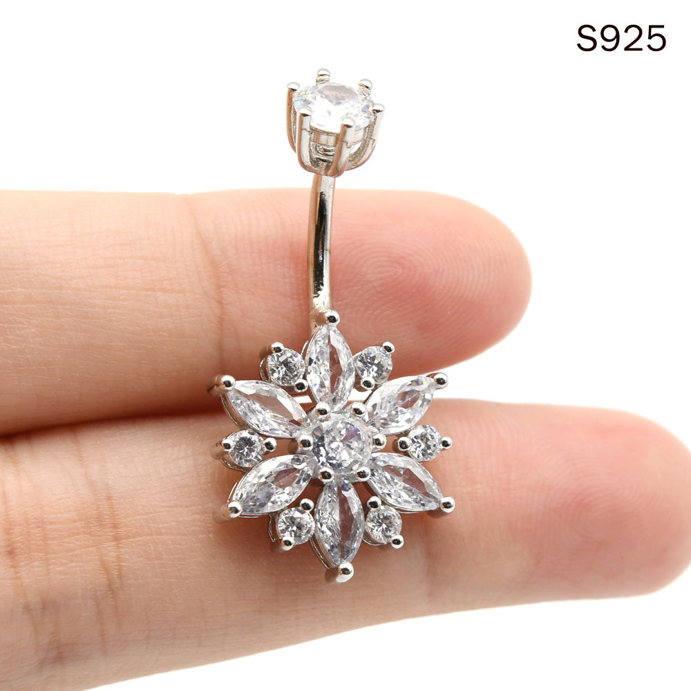 1 Piece 1.6x8mm Snowflake 925 Sterling Silver Belly Button Piercing Navel Rings with Zircon