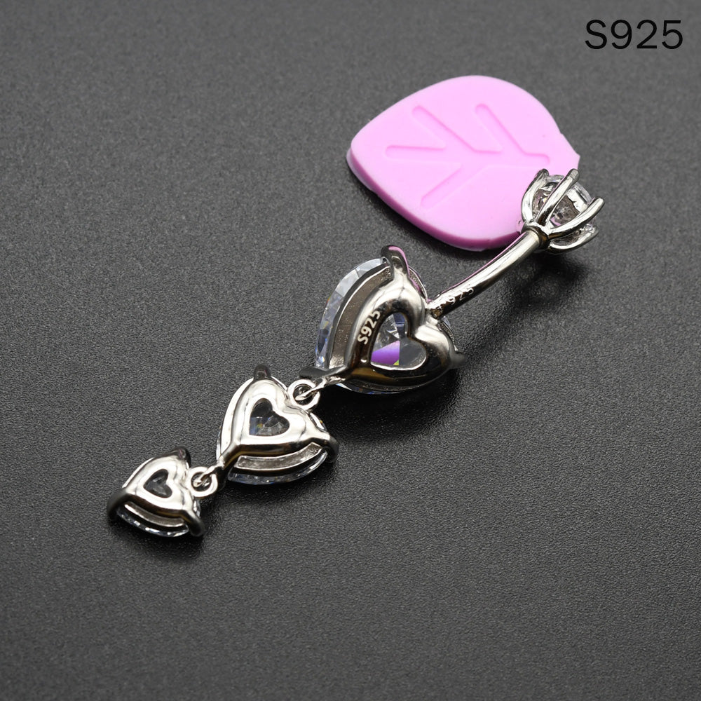 1 Piece 1.6x8mm Stamp 925 Sterling Silver Belly Button Rings Triple-Heart Dangle Navel Piercing with Zircon