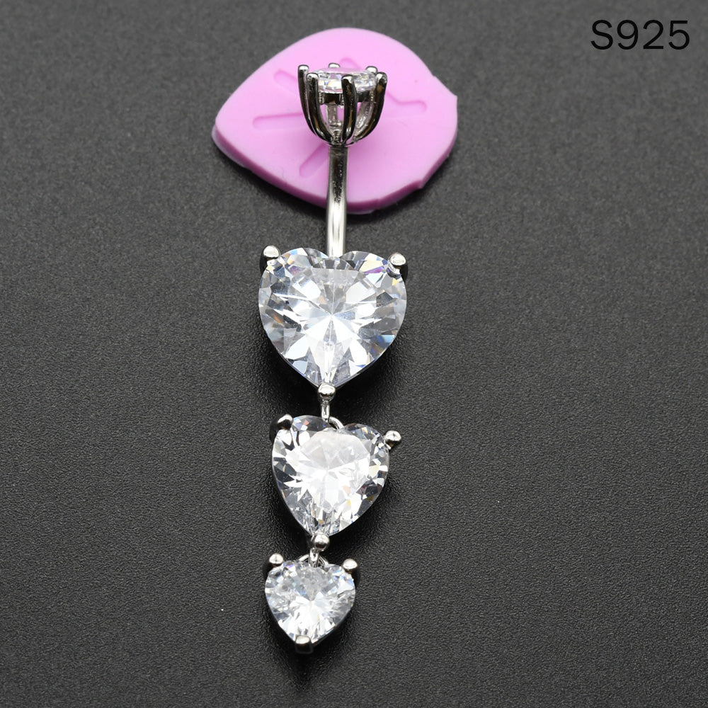1 Piece 1.6x8mm Stamp 925 Sterling Silver Belly Button Rings Triple-Heart Dangle Navel Piercing with Zircon