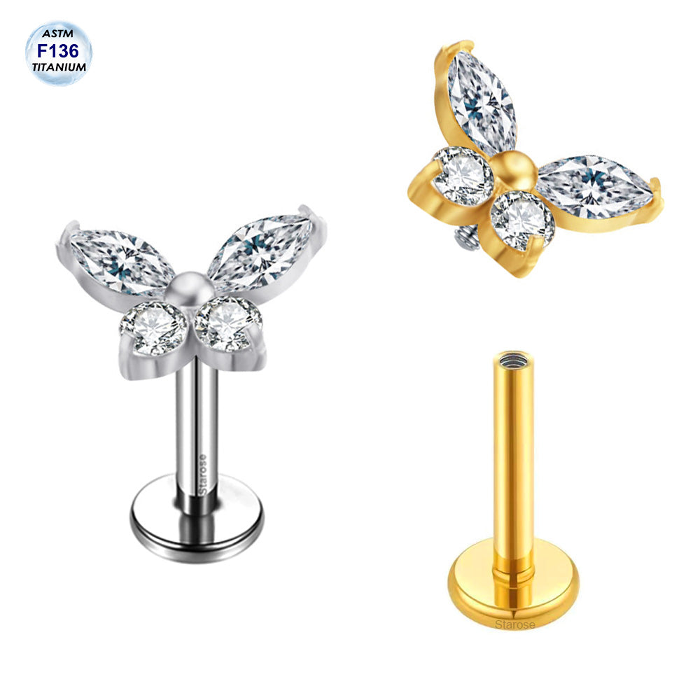 1 Piece Crystal Butterfly Nose Labret Stud Earrings F136 Titanium Body Jewelry