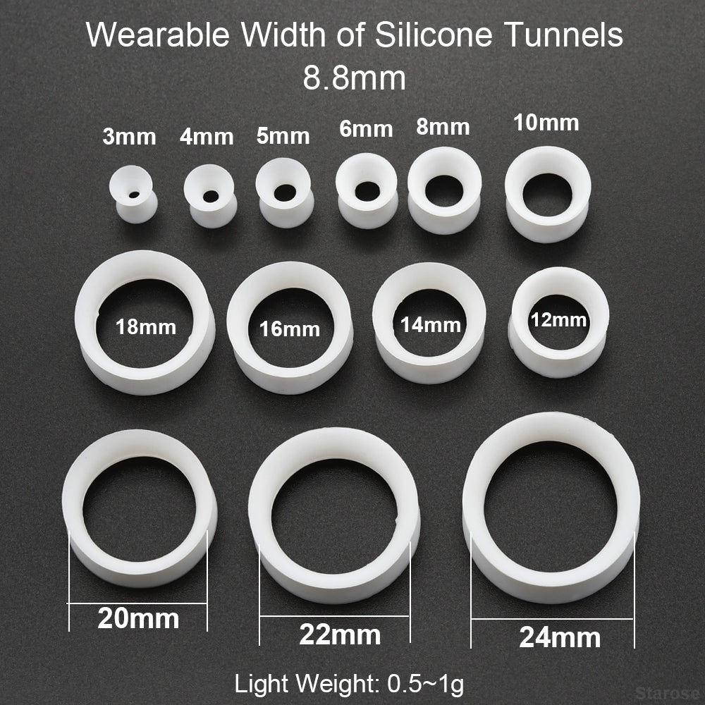 10 Pieces-Pack 3~24mm White Thin Ear Tunnels Silicone Tunnels 00G 10mm Plugs Ear Expander Earlets Lobe Piercing Large Gauge