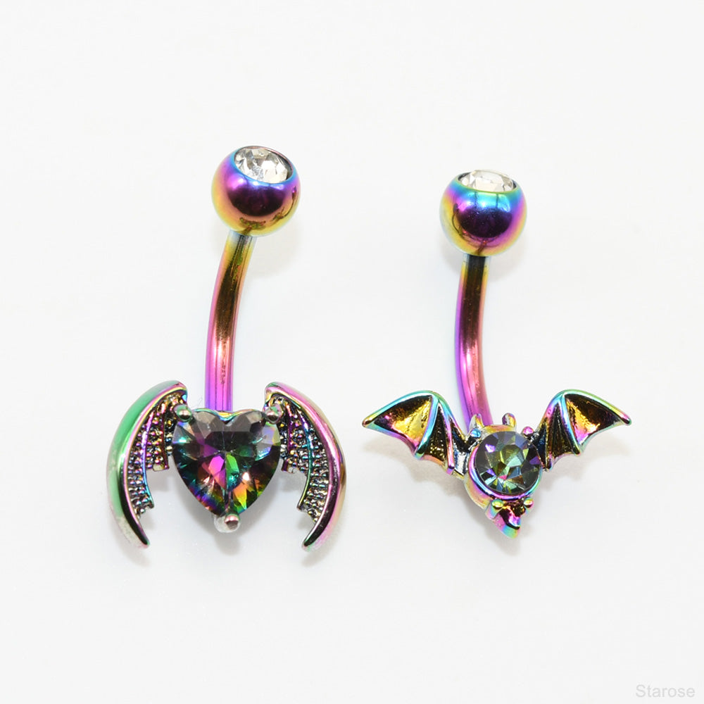 1 Piece Dark Animal Bat Navel Rings with Heart Rhinestone Stainless Steel Belly Button Piercing Navel Jewelry