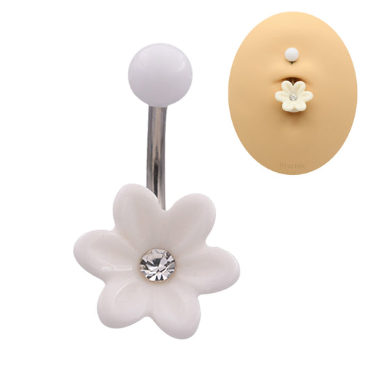 1 Piece White Lotus Flower Belly Button Piercing Navel Rings Stainless Steel Belly Bar
