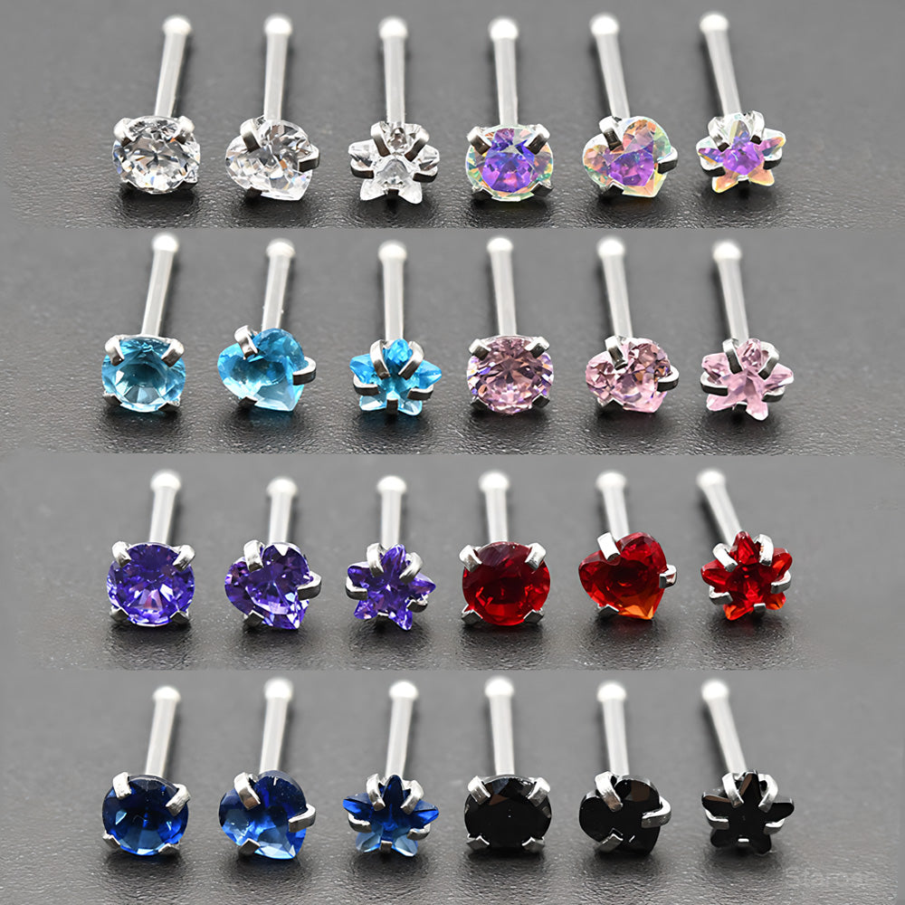 3Pcs Pack 0.8x7mm Bone Round Star Heart Crystal Nose Studs Stainless Steel Lip Nose Piercing Ear Jewelry