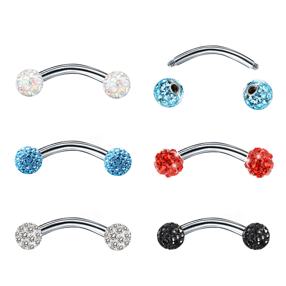 2 Piece-Pack Curved Barbell Piercing Crystal Ball Eyebrow Piercing Vertical Labret Ring