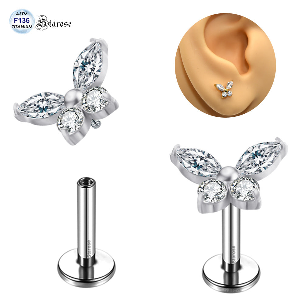 1 Piece Crystal Butterfly Nose Labret Stud Earrings F136 Titanium Body Jewelry