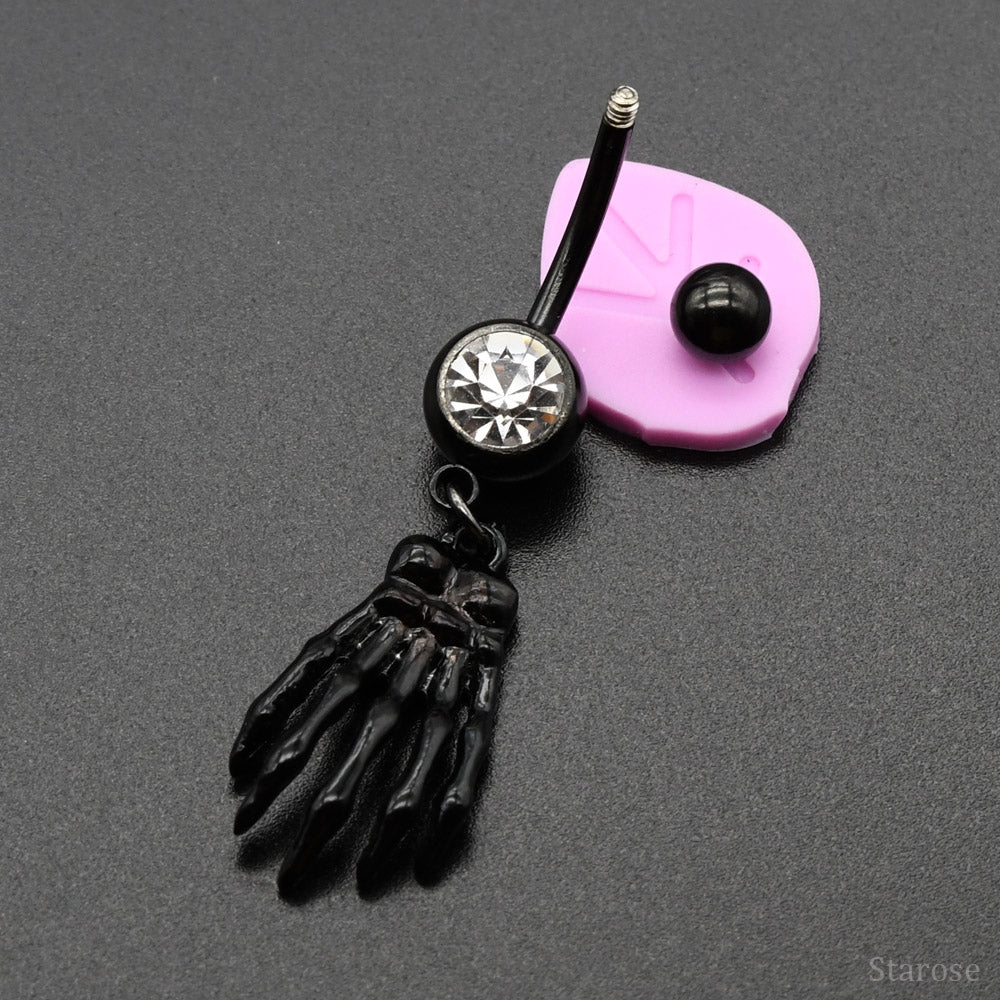 1 Piece Black Hand Bone Navel Piercing Belly Button Rings with Rhinestone Skull Body Jewelry