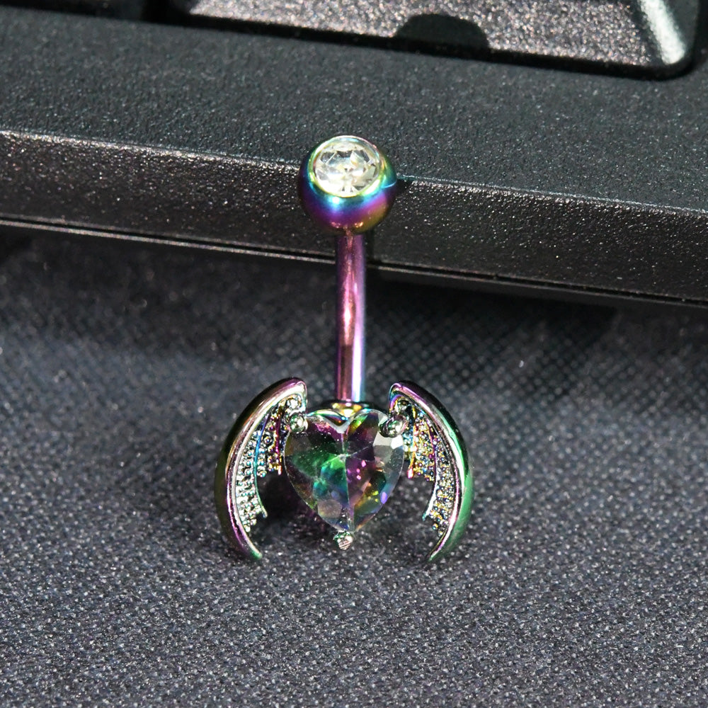 1 Piece Dark Animal Bat Navel Rings with Heart Rhinestone Stainless Steel Belly Button Piercing Navel Jewelry