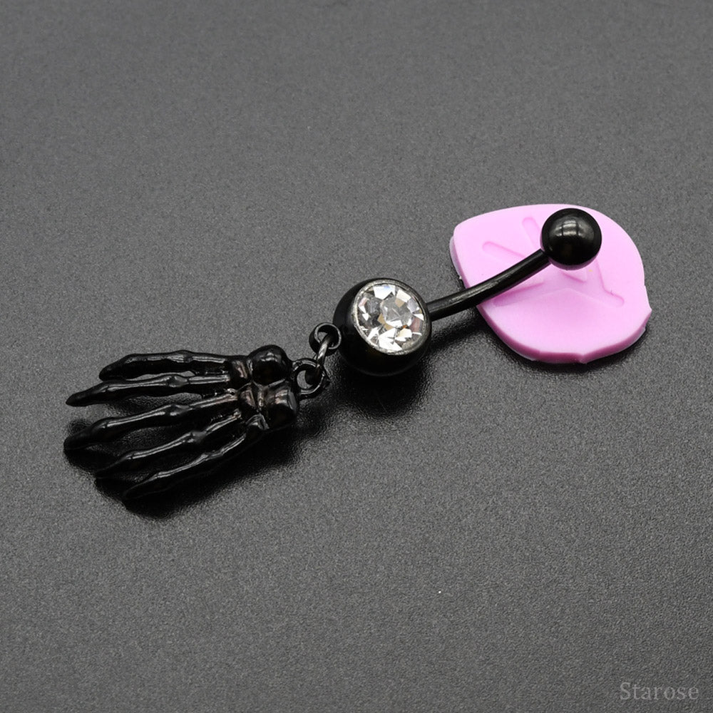 1 Piece Black Hand Bone Navel Piercing Belly Button Rings with Rhinestone Skull Body Jewelry