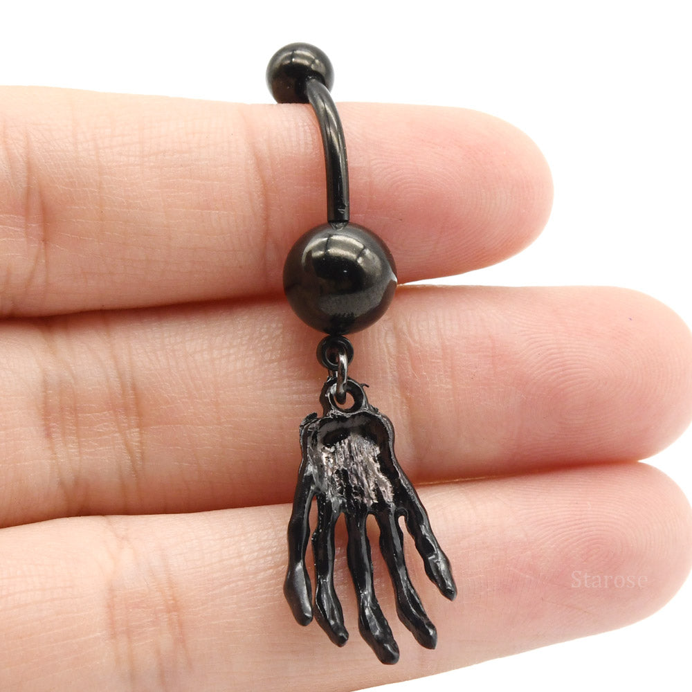 1 Piece Black Hand Bone Navel Piercing Belly Button Rings with Rhinestone Skull Body Jewelry