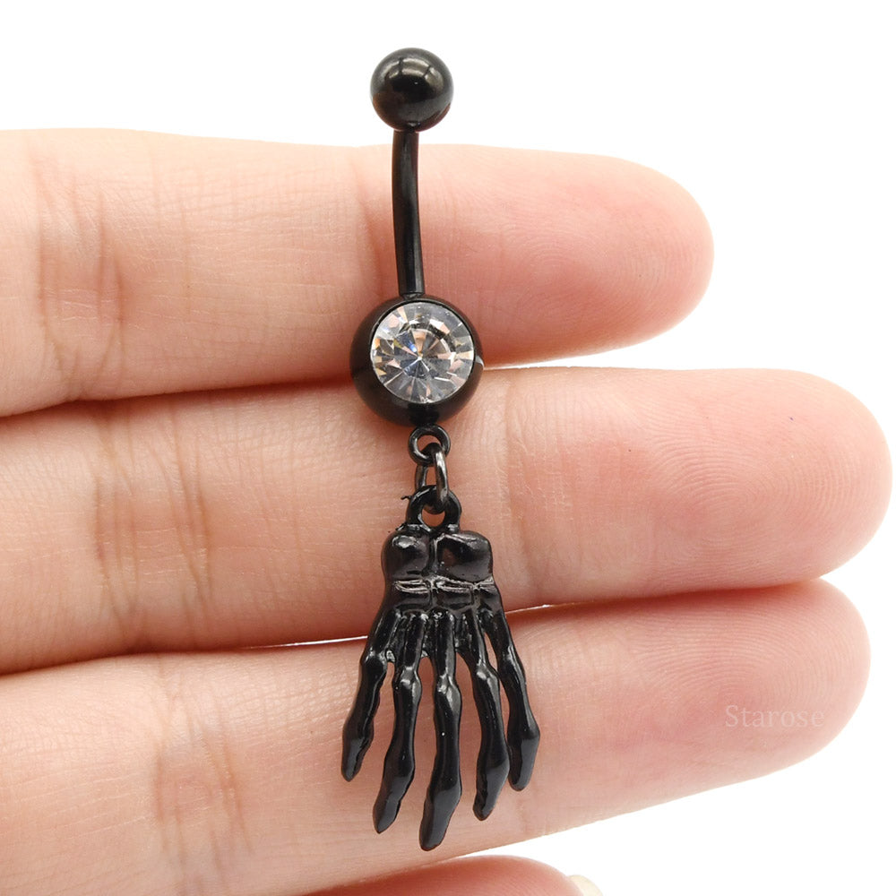 1 Piece Black Hand Bone Navel Piercing Belly Button Rings with Rhinestone Skull Body Jewelry