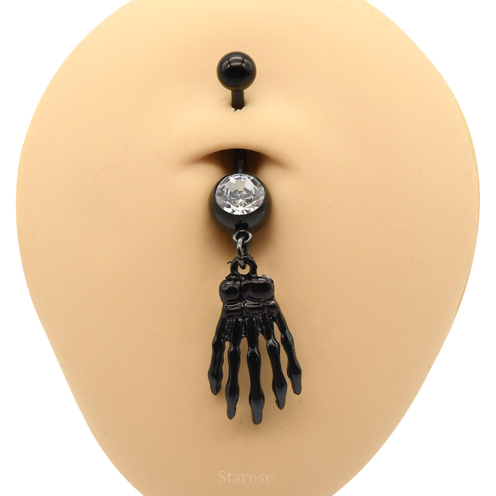 1 Piece Black Hand Bone Navel Piercing Belly Button Rings with Rhinestone Skull Body Jewelry