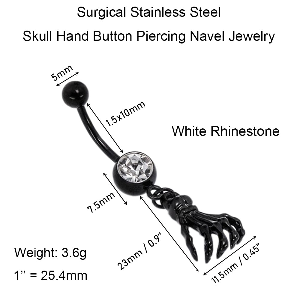 1 Piece Black Hand Bone Navel Piercing Belly Button Rings with Rhinestone Skull Body Jewelry