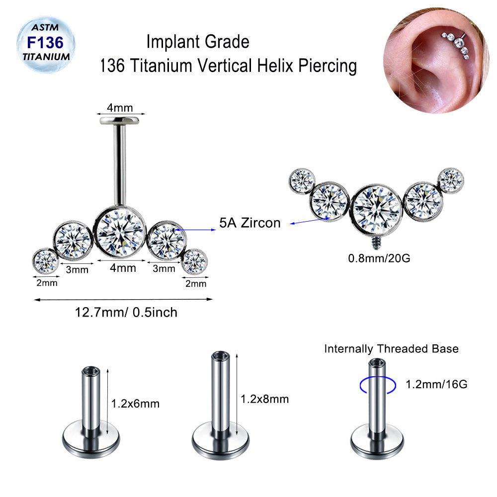 1 Piece ASTM F136 Titanium Vertical Helix Piercing Zircon Ear Piercing Body Jewelry