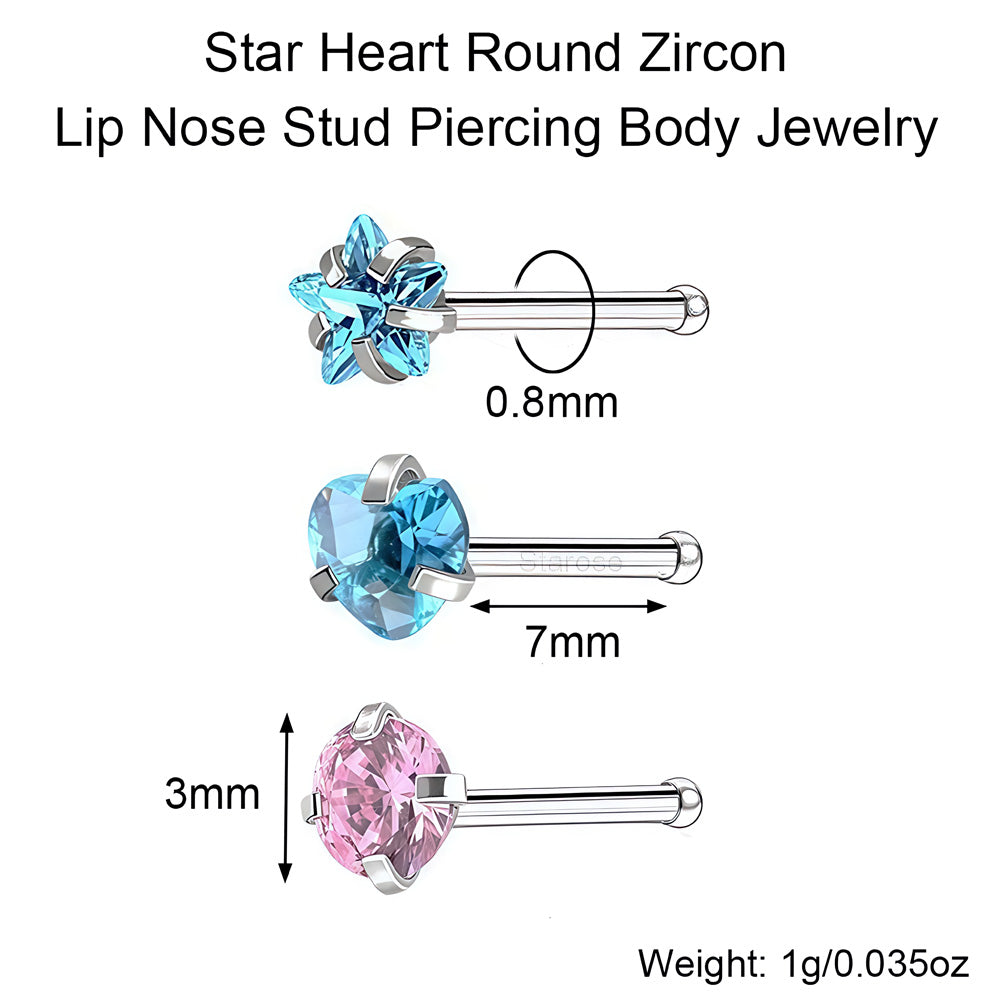 3Pcs Pack 0.8x7mm Bone Round Star Heart Crystal Nose Studs Stainless Steel Lip Nose Piercing Ear Jewelry