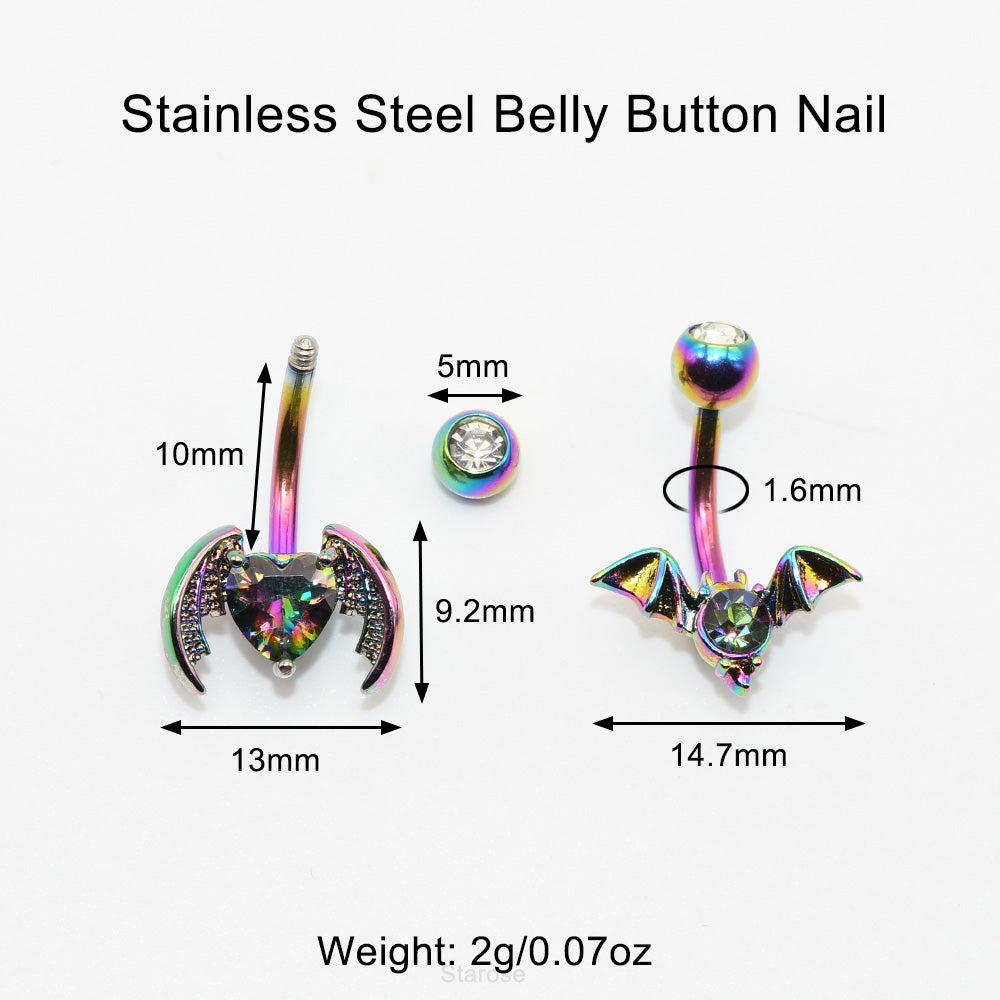 1 Piece Dark Animal Bat Navel Rings with Heart Rhinestone Stainless Steel Belly Button Piercing Navel Jewelry