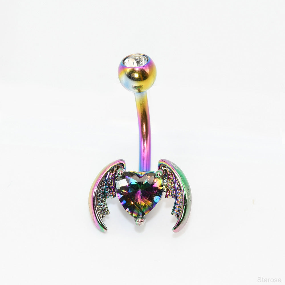 1 Piece Dark Animal Bat Navel Rings with Heart Rhinestone Stainless Steel Belly Button Piercing Navel Jewelry