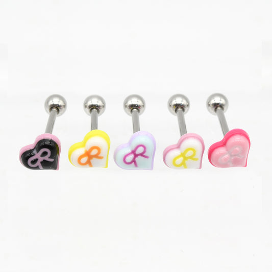 5 Piece-Pack Stainless Steel Heart Bow Tongue Piercing Barbell Tongue Rings