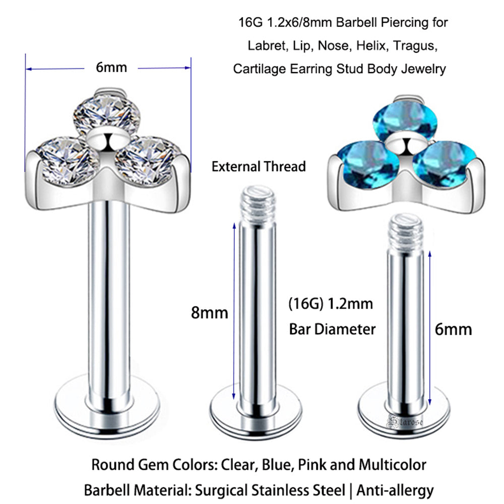 1 Piece 1.2x6/8mm Stainless Steel Labret Piercing Nose Stud with Zircon Earring